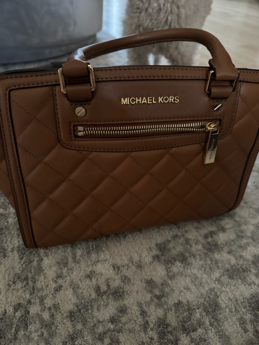 MICHAEL KORS Quilted Satchel in Cognac Brown with Gold Hardware